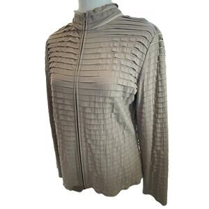 St John Taupe Jacket Ruffled Dual Zip Size Small Womens Light Coat Stretch